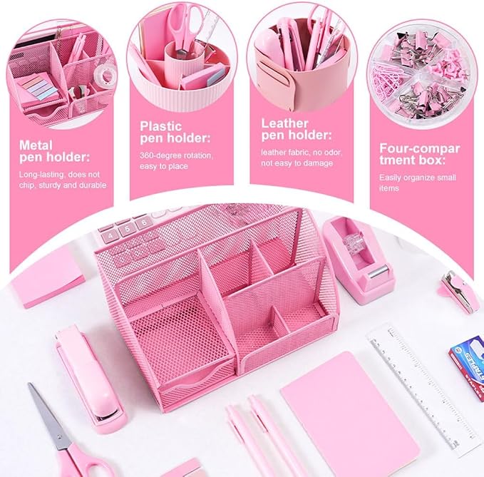 Gawsey Desk Organizers and Accessories with Desk Organizer 360° Rotating Pen Holder and Office Supplies, Cute Stationery Supplies Set (Pink) - Image 2