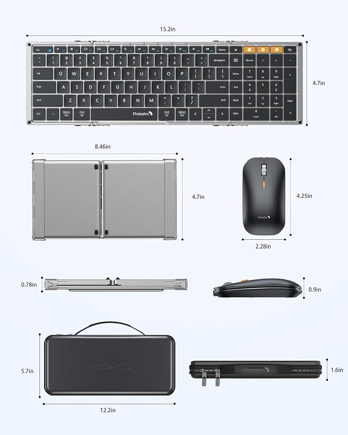 ProtoArc XKM01 Full-Size Foldable Keyboard Mouse Combo for Travel, Gray | 105-key keyboard, slim mouse, hard case and phone stand, 3-device Bluetooth & 2.4G switching, for travel office use - Image 9