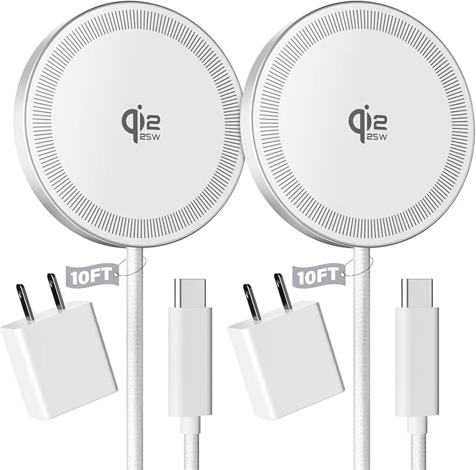 2Pack Magnetic Wireless Charger 25W Fast Charger for iPhone 17/16/15/14/13/12 Series & AirPods, Portable Wireless Charging Pad for Travel Home Office Desk, 10FT-White with Plugs by Tagzilo