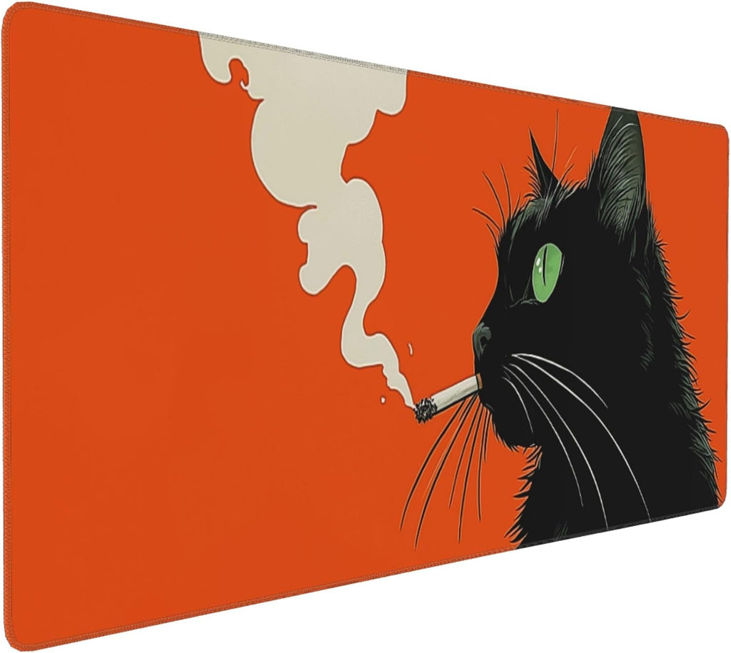 XXL Large Mouse Pads Funny Smoking Black Cat Gaming Mouse Pad for Desk, Extended Desk Mat with Anti-Slip Rubber Base, Stitched Edges, Easy to Clean Office Computer Accessories, 35.4 x 15.7 Inches by Rsaoyan
