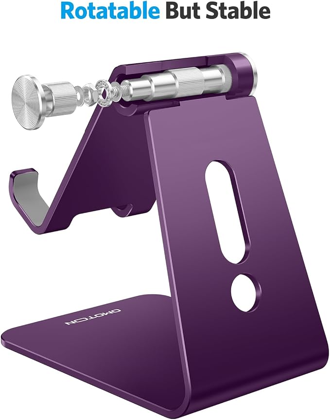 OMOTON C2 Adjustable Cell Phone Stand with Charging Cutout, Deep Purple | Sturdy 3mm Aluminum, Charging Port, 270° Adjustable, Non-Slip Silicone Pads, Works with Thick Cases, for All Smartphones - Image 7