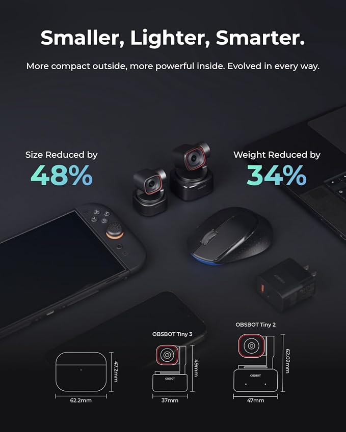 OBSBOT Tiny 3 4K PTZ Webcam 1/1.28" CMOS, W Smart Remote 2 | 50MP HDR 4K@30fps 1080p@120fps Spatial Audio Tri-Mic Voice/Gesture Control AI Tracking 2.0 Streaming, Meeting, Gaming - Image 2