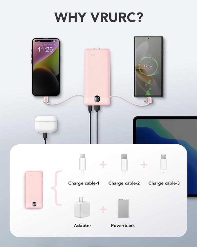 VRURC Portable Charger, Power Bank Built-in Cables and AC Wall Plug | USB C Power Bank 10000mAh Travel Essentials Phone Charger Compact External Battery Pack For Smart Phones, Tablets etc-Pink - Image 5