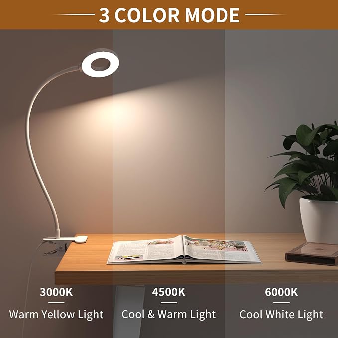 iZELL Reading Light, USB Clamp Lamp for Child Reading Book in Bed at Night, LED Small Desk Lamp with Silicone Adjustable Arm Clip on Beside Table for Studying Working Drafting Sewing - 15.8‘’ White - Image 2