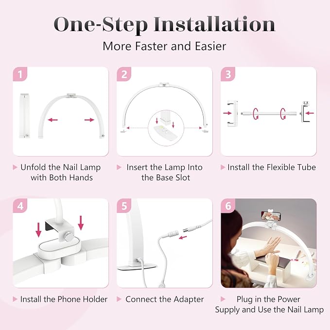 Yokilly Half Moon Light for Nail Desk: 29" Foldable Nail Light for Desk | Arch Nail Tech Light with Phone Holder for Beginner - 3 Color Modes & 10 Brightness for Manicure Salon-White - Image 5