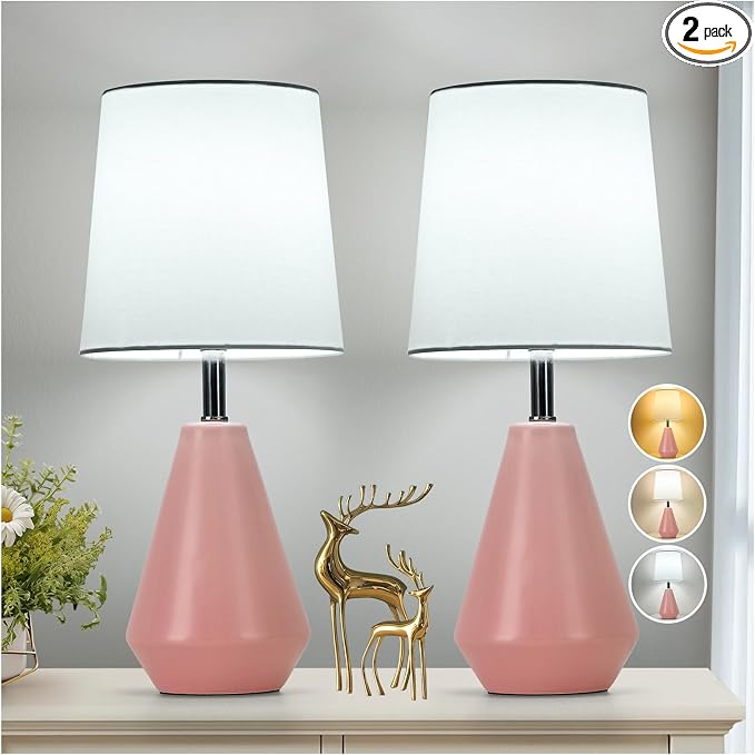 Small Bedside Table Lamp for Bedroom-Reading Desk Lamp Set of 2,with 3 Color Temperatures,15.5" Nightstand Ceramic Lamp with Fabric Shade for Kids Room,Living Room,Dorm,Home Office(Pink+White) by Illuminatingyoumeandhim