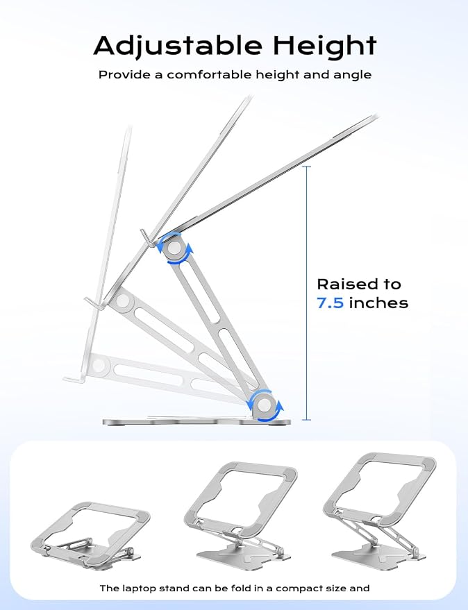 JCZT Adjustable Laptop Stand for Desk, Metal Foldable Laptop Riser, White | Ergonomic Portable Laptop Stand, Ventilated Cooling Computer Notebook Holder for MacBook Air Pro, All 10-16'' Laptops - Image 3