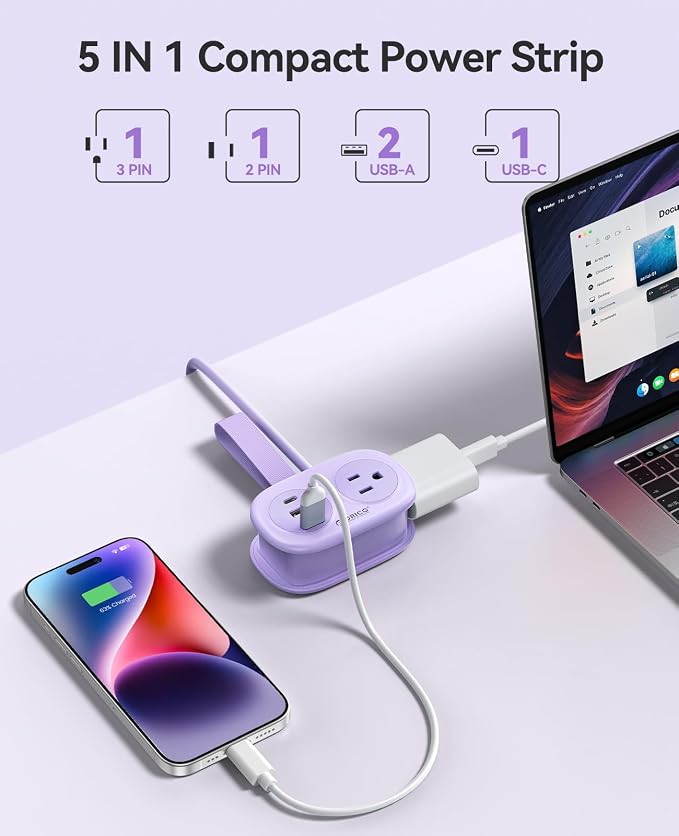 ORICO Cruise Approved Power Strip for Travel, 5 in 1 Extension Cord | with 2 AC Outlets 2 USB-A and 1 USB-C Ports , 3.7 ft Flat Plug Wrap-around Power Strip for Cruise Office, Hotel, Home - Image 4