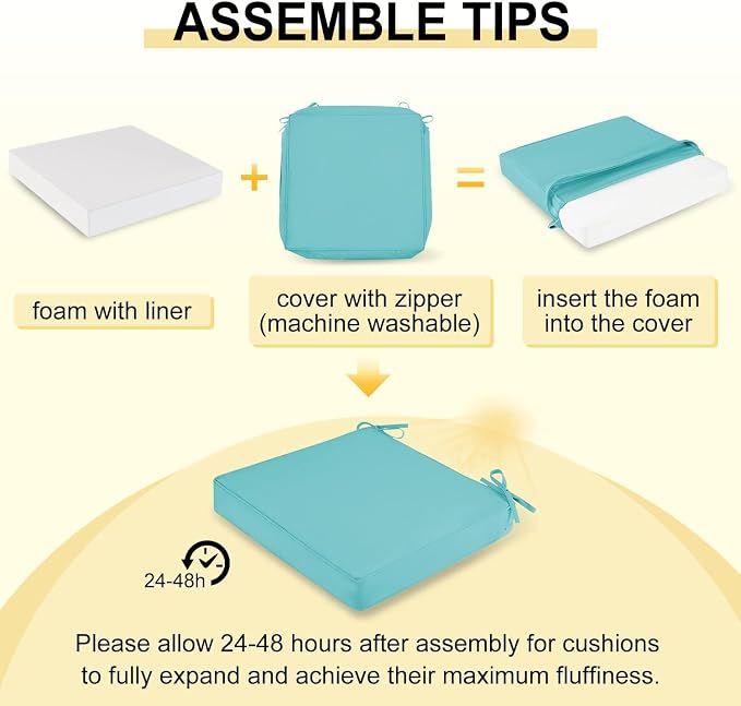 downluxe Waterproof Outdoor Chair Cushions for Patio Furniture, 24" x 24" x 4" Patio Chair Cushion with Adjustable Ties & Portable Handle, Square Outdoor Cushion with Removable Cover, Teal, 2 Pack - Image 7