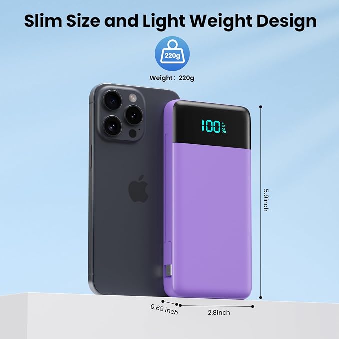 Portable Charger with Built-in AC Plug and Cables,13800mAh All in One USB C Fast Charging Power Bank,Travel Essentials Portable Phone Charger Battery Pack for iPhone 17/16/15/13,Galaxy,Android-Purple - Image 5