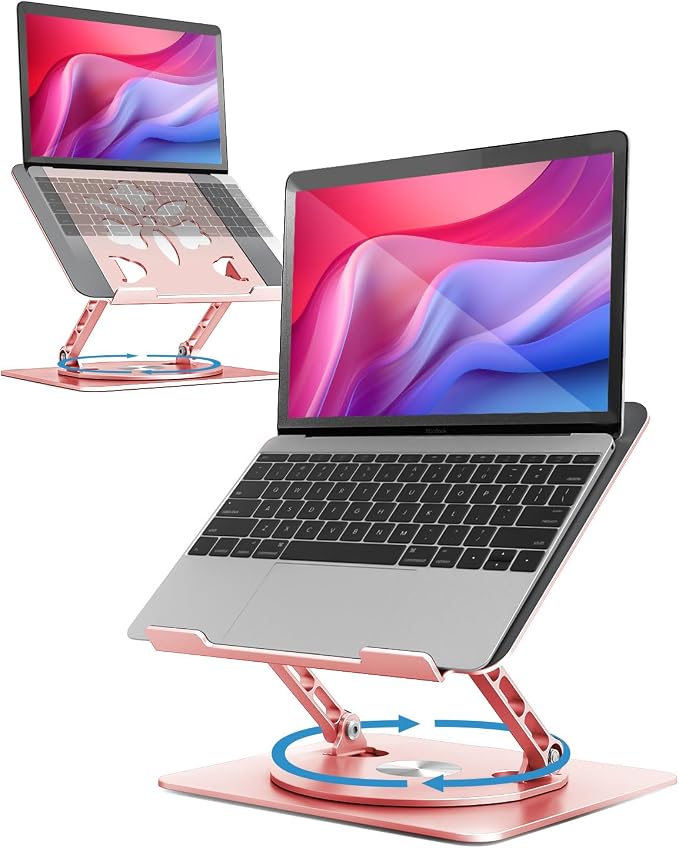 Aoviho 360° Rotating Laptop Stand for Desk | Adjustable, Foldable, Portable Aluminum Ergonomic Riser | Compatible with MacBook, Dell, HP & All Laptops 10-16 inch | Rose Gold by Aoviho