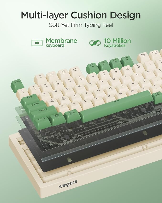 wegear Pastel Wireless Keyboard, Computer Gaming Keyboard -Green | with Media Knob, Tri-Mode Bluetooth/2.4GHz/USB-C Wired, Backlit, 94 Keys, Cute Creamy Keyboard for PC, Mac - Image 3