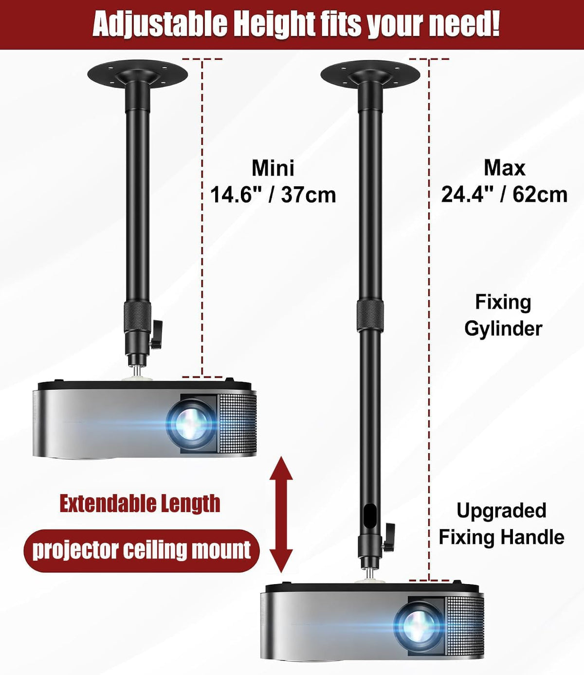 2-Be-Best Upgraded Projector Mount, Better Fixed Projector Ceiling Mount Projectors Wall Mounts with Extendable Length 14-24 in / 37-62 cm 360° Adjustable Projectors Mounts Black - Image 9