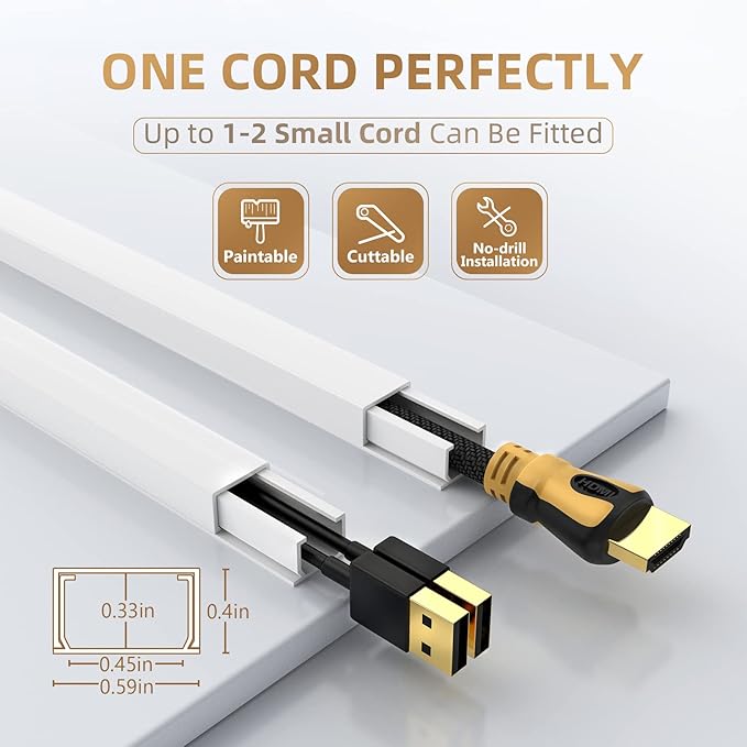 Delamu Cord Hider, 315in Cord Covers for Wires on Wall, One-Cord Cable Hider, Wire Hiders Wire Covers for TV Cords on Wall, Easy Mount Cable Cover Management Kit, 20 x L15.7 W0.59 H0.4in, White - Image 3