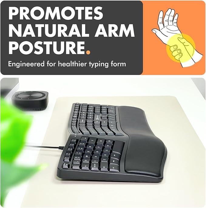 X9 Wired Ergonomic Keyboard with Cushioned Wrist Rest - Type Comfortably Longer - USB Wired Split Keyboard for Laptop, PC & Chrome Computer with 110 Ergo Keys & 5ft Cable - Image 3
