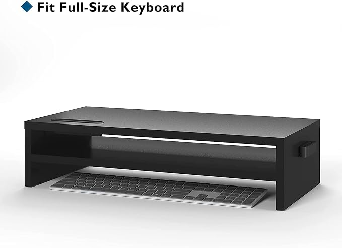 BONTEC Wood Monitor Stand Riser, 2-Tier Desktop Organizer | Ergonomic Computer Stand for Desk, Cable Management, Cellphone Holder, 21.3 Inch Shelf, Black - Image 2