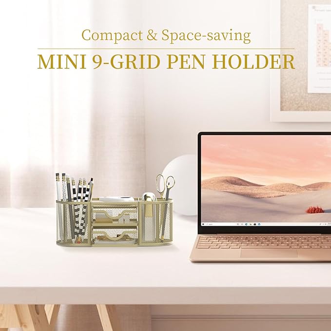 Mesh Desk Organizer, Pen Holder for Desk with 2 Drawers, Yellow | Desk Organizers and Accessories with 8 Compartments and 2 Drawers, Pencil Holder for Desk for Small Office Supplies - Image 2