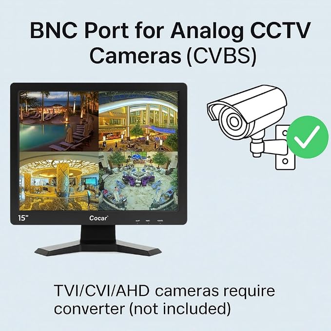 Cocar CCTV Security Monitor, 17 inch BNC Monitor with VGA HDMI AV Built-in Speaker 4:3 HD Display LCD Screen Display with USB Media Player for Home Surveillance Camera STB PC - Image 4