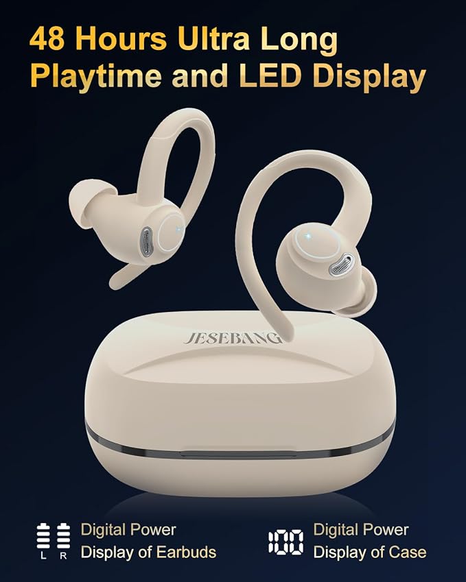 Wireless Earbuds, Bluetooth 5.4 Headphones Sport Over Ear Buds with ENC Mic | Noise Cancelling ,48H,Wireless Earphone With Earhooks, Stereo Deep Bass, IP7 Waterproof ear bud for Workout Running,Off White - Image 5