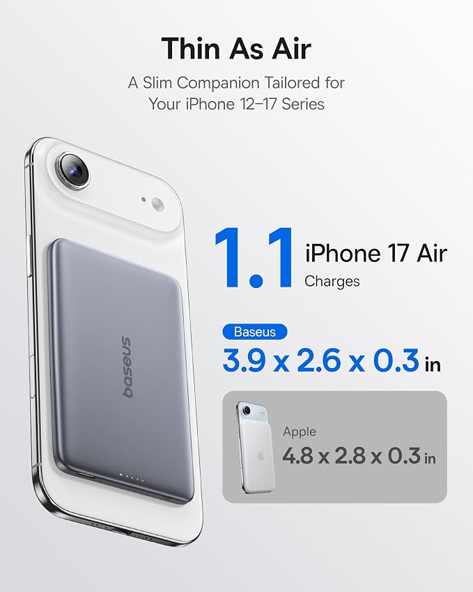 Baseus Picogo Power Bank, 0.3" Ultra Slim 5000mAh MagSafe Portable Charger, Card-Size Magnetic Battery Pack with USB-C Braided Cable, Alloy Wireless Charger for iPhone 17 Pro Max/17 Air/16/15/14/13/12 - Image 5