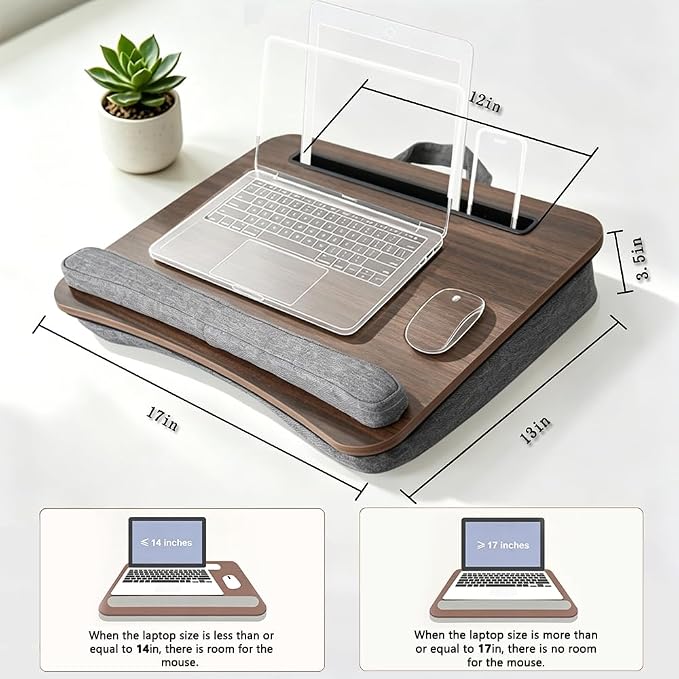Portable Lap Desk Fits 14–17 Inch Laptops for Bed | Walnut-toned top surface,padded cushion,hand strap,pen & tablet slots for home,car & travel - Image 3