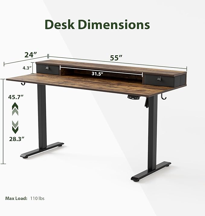 Agilestic 55 * 24 Inch Electric Standing Desk with Drawers, Rustic Brown | Electric Height Adjustable, 2 Storage Drawer, Monitor Stand, Sturdy Steel Frame, Memory Presets, Hooks, 154 lbs, Splice Board - Image 3