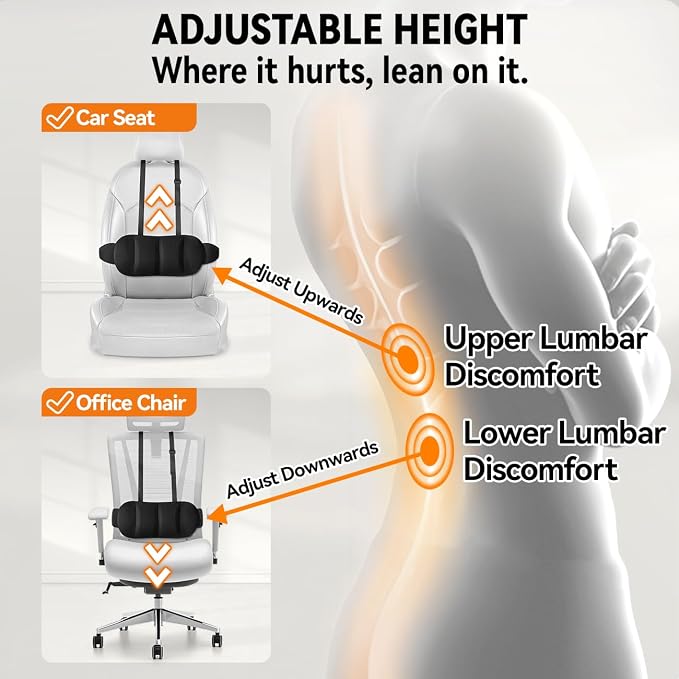 Lumbar Support Pillow for Car,Back Support for Car Seat Cushion,Adjustable Straps Securely Fixed Car Lumbar Support Pillow for Office Chair (Black) - Image 2