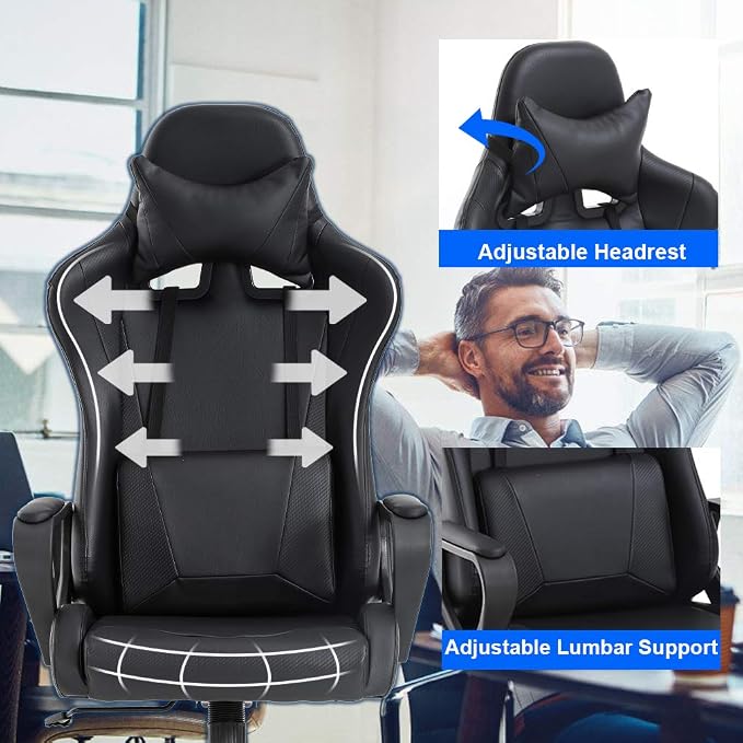 BestOffice Gaming Chair | Black | Desk Chair with Adjustable Lumbar Support | Headrest Pillow | Ergonomic Racing Style Seat with Recline, Swivel Base & Rolling Wheels | For Gamers, Home, Office - Image 4