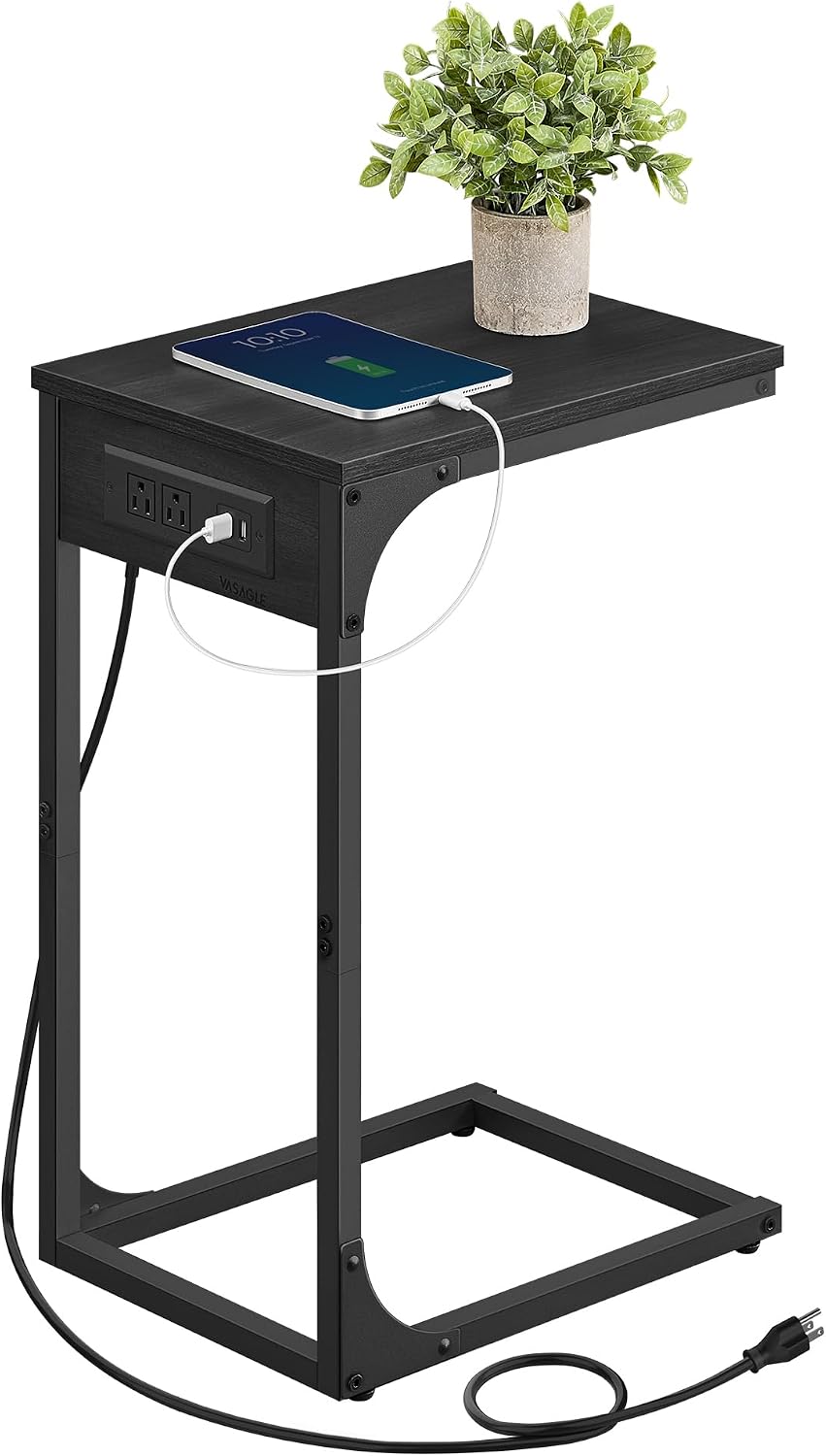 VASAGLE C-Shaped Side Table with Charging Station, 2 USB Ports and Outlets by VASAGLE
