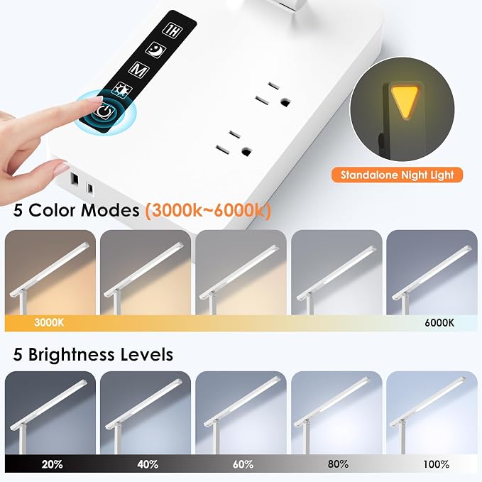 Infiway LED Desk Lamps for Home Office: Desk Lamp with USB Charging Port - 1 USB-A, 1 Type-C Ports, 2 AC Power Outlets, Touch Control Dimmable 5 Color 5 Brightness, Night Light(White) - Image 6