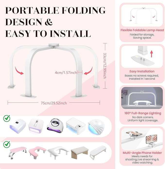 Half Moon Light for Nail Desk: 180 ° Shadow-Free Arc Light For Manicurist | 29" Foldable Half Moon Desk Lamp With Phone Holder - 3 Color Mode & 10 Brightness - Provide a Bright Work Area For Nail Tech - Image 6