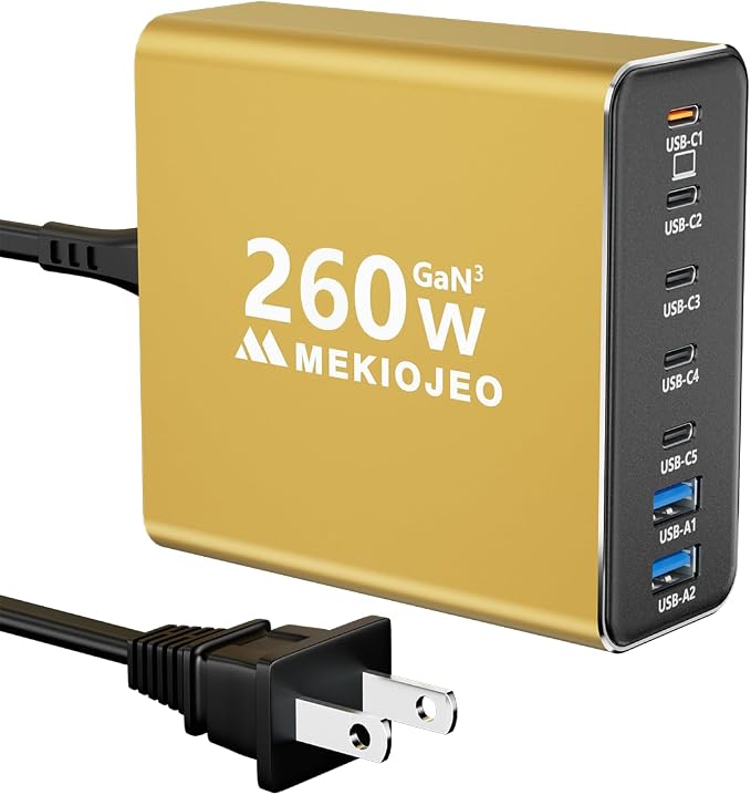 MEKIOJEO Aluminum Alloy 260W USB C Charger GaN Fast USB C Charging Station | 7 Ports 65W Laptop Charger for MacBook Pro/Air/iPad Pro/iPhone by MEKIOJEO