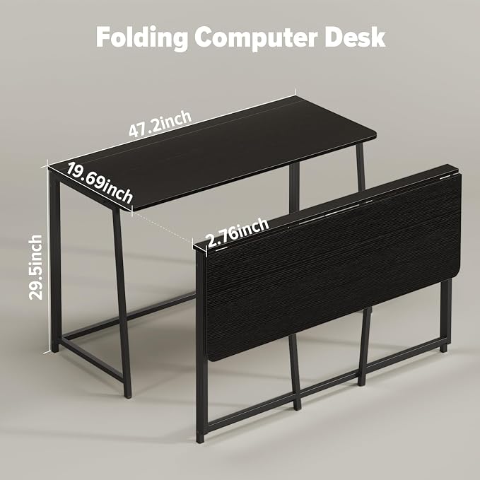 WOHOMO Folding Desk, 47.2" Foldable Computer Table for Small Spaces, Black | Easy Assembly and Fold, Sturdy Home office desks for Study Bedroom Dorm Space Saving Writing Work Apartment - Image 2