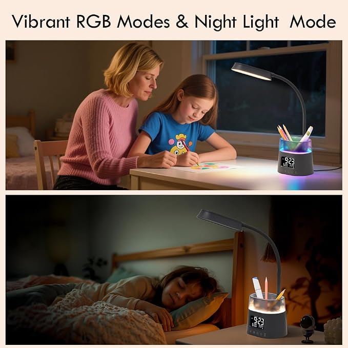 WILIT LED Desk Lamp for College Dorm Room Essentials, 3 Modes,Touch, Gray | Study Lamp with USB Charging Port, Pen Holder, Clock & RGB Night Light, Office Desk Accessories, Table Lamp for Bedroom - Image 8