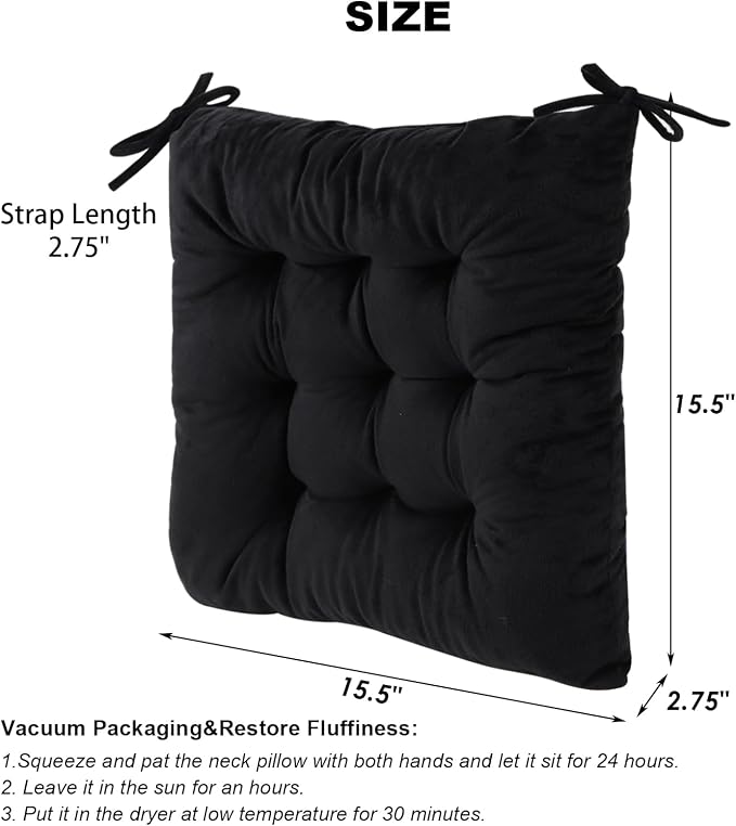 6 Pack Square Seat Cushion Chair Pads for Kitchen Dining Chairs, Soft Comfort Velvet Chair Mat Pillow Cushions with Ties for Office Desk Living Room Tatami 15.5", Black - Image 2