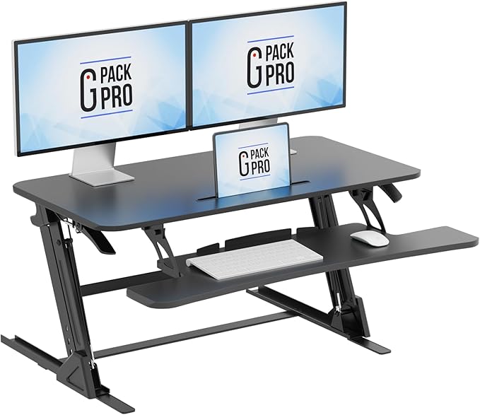 Standing Desk Converter 38 Inch, Height Adjustable to 17.3 Inches | Dual Monitor Work Surface With Keyboard Tray, Steel Frame, and Smooth Manual Lift for Home Office Setups by G-PACKPRO