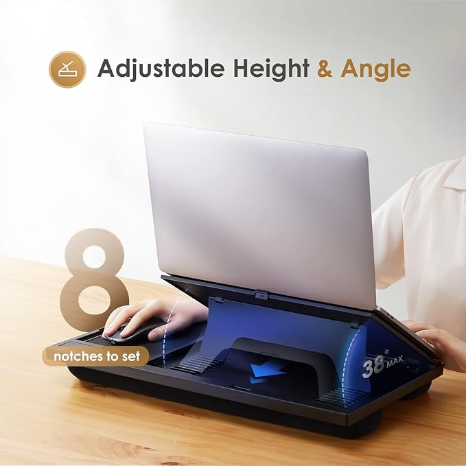 Laptop Lap Desk with 8 Angles – Up to 15.6" Laptop, Black | Built-in mouse pad, phone & pen slots, dual-cushion base, anti-slip design, raises the screen, for home office, bed, sofa - Image 3