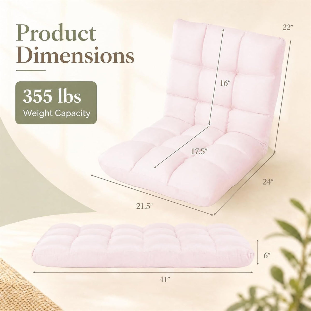 COSTWAY Floor Chair, Folding Gaming Chair with Back Support (Light Pink) - Image 2
