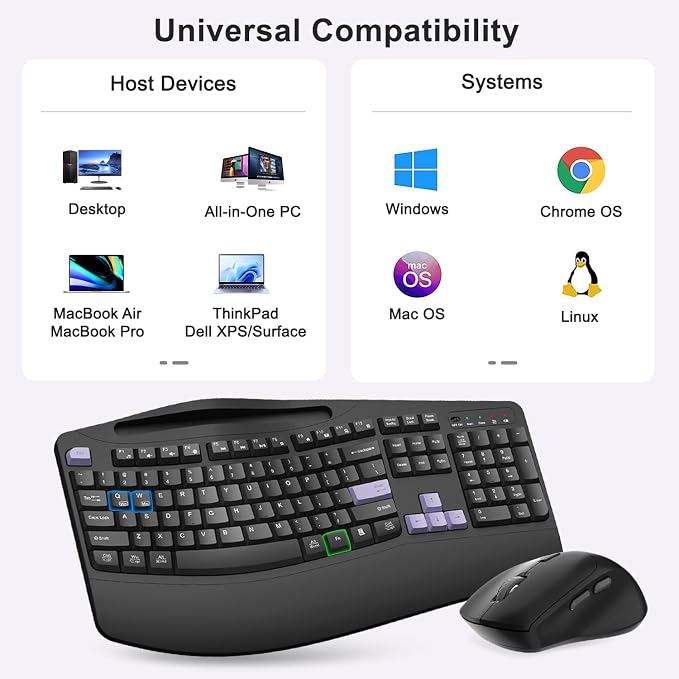 Wireless Keyboard and Mouse Combo, Full Size Ergonomic Wave Keys(Purple-B) | 2.4G Ergonomic Keyboard with Wrist Rest, Phone Holder, 3-Level DPI Silent Mouse with 6-Buttons, for Windows/Mac OS/Laptop/PC - Image 8