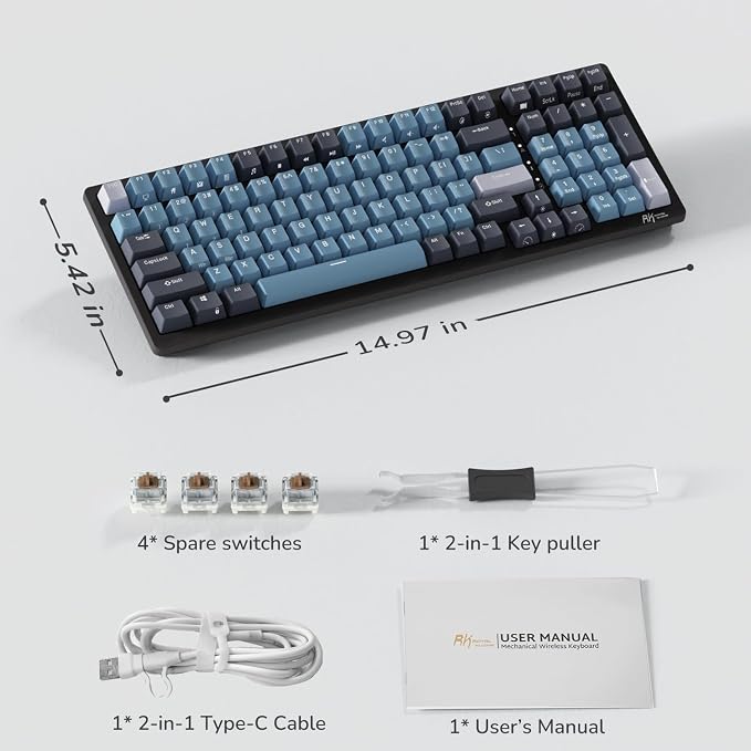 RK ROYAL KLUDGE RK98 Wireless Mechanical Keyboard, 100 Keys 98% Layout with Custom Switches Hot Swappable, Tri-Mode BT5.1/2.4G/USB-C Full Size Gaming Keyboard with Numpad RGB, Brown Switch - Image 7