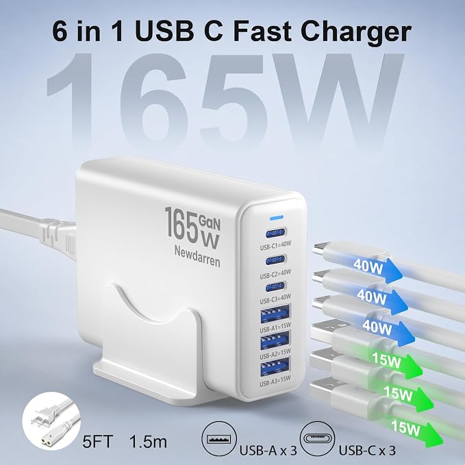 165W Charging Station, 6 Port Desktop Charger, 3 Ports 40W White | USB Charger Block, 3 x USB A 15W, 3 x USB C 40W, Compatible with iPhone, Galaxy, MacBook, iPad, Home Office, Travel and More - Image 2