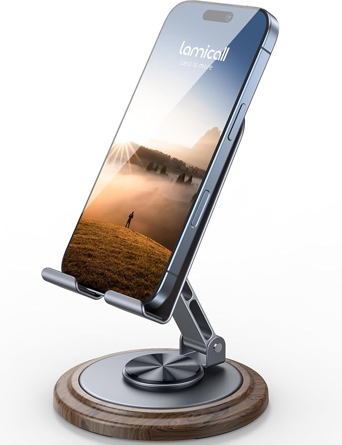 Lamicall Sturdy Grey Phone Stand, Desk Accessories for Men | 360° Rotation Simulated Wood Grain Phone Holder, Office Gaming Room Desk Essentials Decor, Stocking Stuffers for Men Gifts by Lamicall