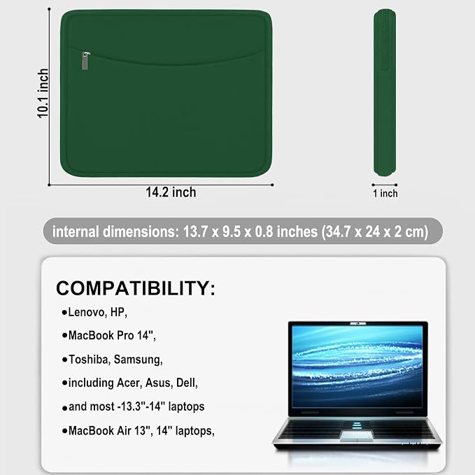 Laptop Sleeve Bag 14 inch, Shockproof Protective Laptop Cover Briefcase Carrying Computer Bag with Accessory Pocket Portable Computer Sleeve for 14" MacBook, HP, Dell, Lenovo, Acer, Green - Image 4