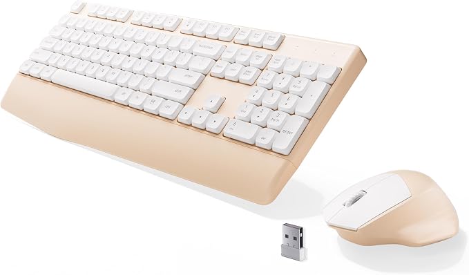 MPTOG Ergonomic Wireless Keyboard and Mouse Combo, Khaki White | Computer Keyboard Mouse with Wrist Rest, BK Chipset, Full-Size Colorful, Power Button, USB Receiver for PC Laptop by MPTOG