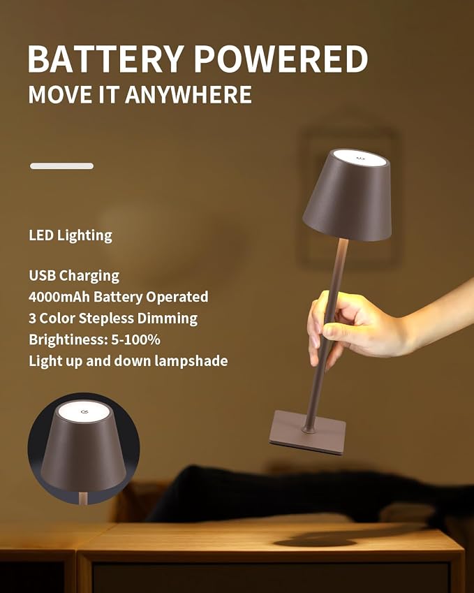 KDG 2 Pack Cordless Brown Table Lamps, Rechargeable Portable LED Desk Lamps | 4000mAh Battery Operated 3 Color Stepless Dimming Up for Restaurant, Bedroom, Outdoor Party, Camping, Coffee Shop, Nightlight - Image 4