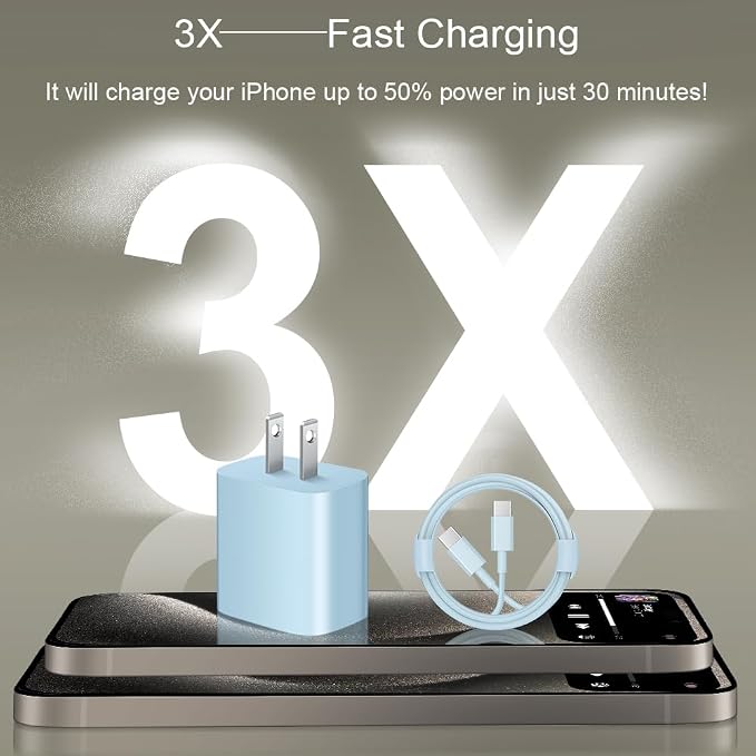 iPhone 17 16 15 Charger Fast Charging 2+2Pack 20W USB C Wall Charger with 6FT Fast Charging Cable Compatible with iPhone 17/17 Air/17 Pro/17 Pro Max/iPhone 16/15 Series, iPad Pro/AirPods - Blue - Image 2