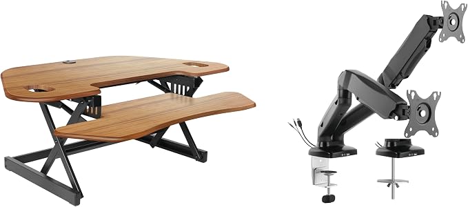 Rocelco 46" Height Adjustable Corner Standing Desk Converter with Dual Monitor Arm Mount Bundle - Sit Stand Up Tabletop Computer Workstation Riser - Extra Large Keyboard Tray - Teak (R CADRT-46-MA2) by Rocelco