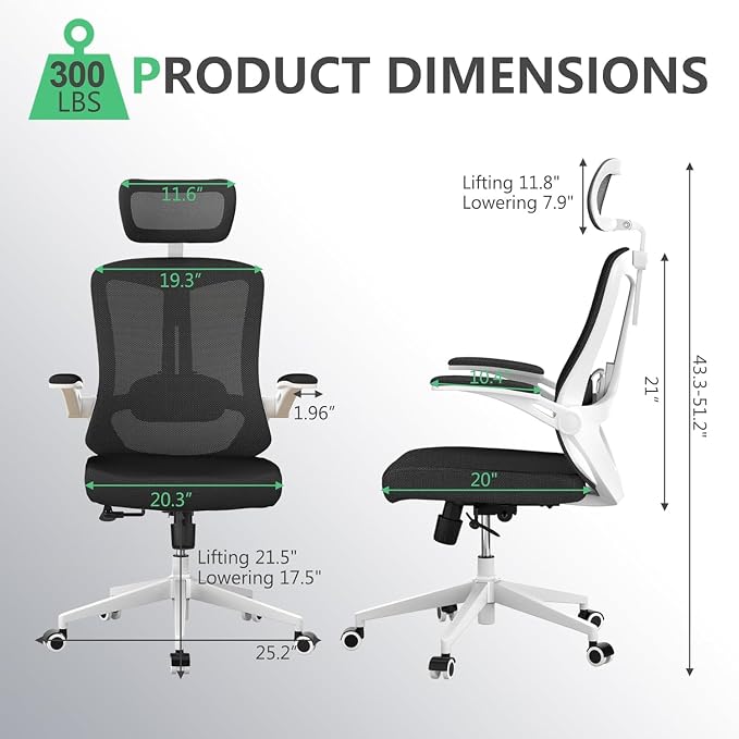 Office Chair (07White-Black, Chair) | 360° Swivel Adjustable Lumbar Support & Flip-Up Armrests capacity 300 lbs capacity - Image 2