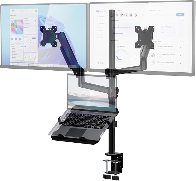 WALI Triple Arm Laptop and Dual Monitor Desk Mount for 17" Notebook and Up to 32" Screens, Adjustable Monitor Arms with Tilt Swivel Rotation, VESA 75x75 100x100, Black (GSDM003LP) by WALI