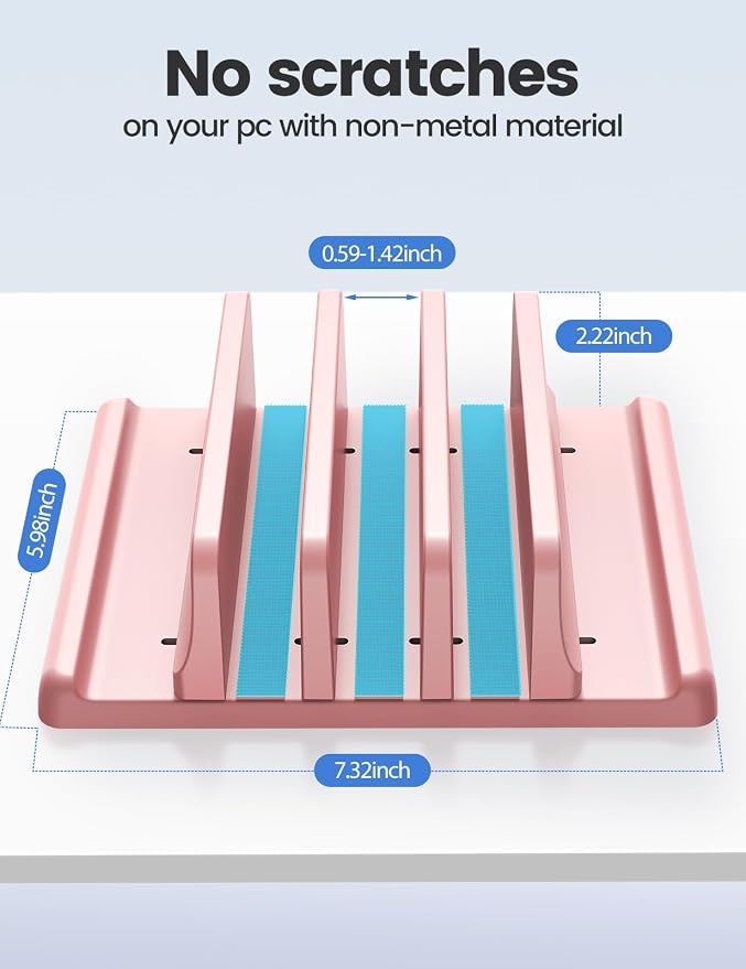 Vaydeer 3-Slot Vertical Laptop Stand Made of Premium ABS Plastics 5 in 1 Design Space-Saving Adjustable Desk Organizer for All MacBook/Chromebook/Surface (Pink) - Image 5